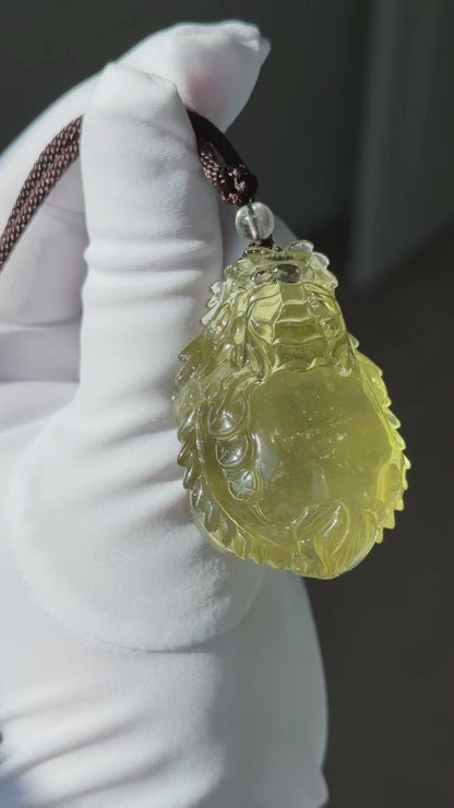 50.154 grams, Collector's Grade, Natural Authentic Libyan Desert Glass Tektite Hand Carved Dragon Turtle Pendant | High-Grade Tektite | Protective Amulet, 天然收藏级浓金利比亚陨石手工雕刻龙龟吊坠