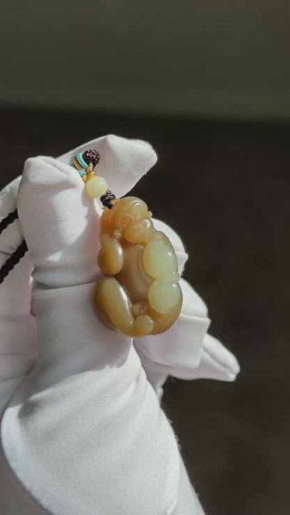 Certified Natural Brown Sugar and White Nephrite Jade Hand-Carved Monkey Pendant