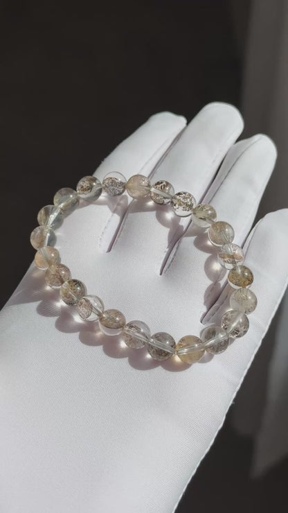 8mm+, Certified Natural Cypress Tree Scenic Pyrolusite and Hematoid in Quartz bracelet, ”Small Money Tree“,天然玻璃体发财树/小树胶花/軟錳礦膠花水晶手串