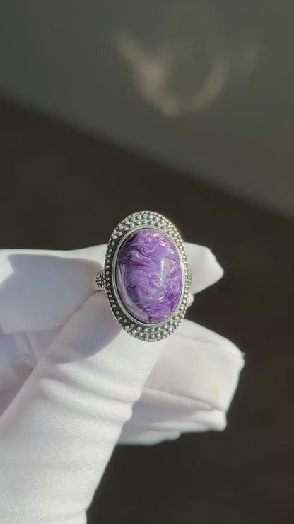Natural Top Grade Charoite Silver Ring, Purple Charoite with best looking swirls patterns, Natural Charoite Ring, 天然收藏级俄罗斯紫龙晶纯银戒指