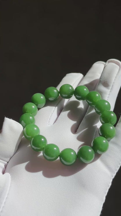 12mm, Certified Natural Untreated Green Nephrite Jade Beads Bracelet, 天然阳绿碧玉手串