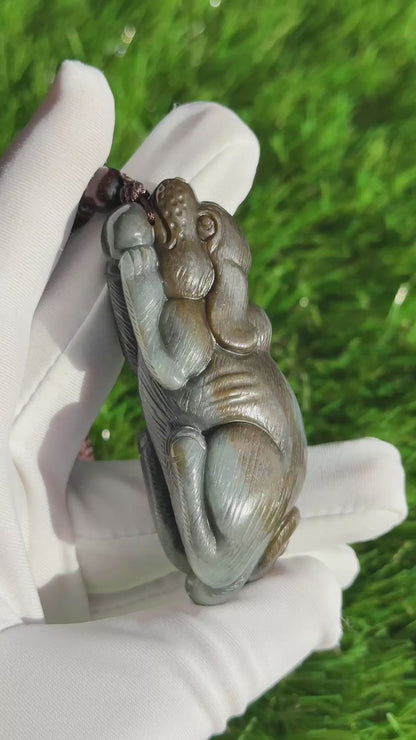 Certified Natural Loulan Nephrite Jade Hand-Carved Dog Handheld, 天然楼兰三色料手工雕刻狗手把件