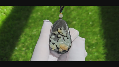 Certified Natural Loulan Tricolor Nephrite Jade Hand-Carved Lotus and Koi Fish Pendant, 天然楼兰三色和田玉手工雕刻莲花鱼吊坠