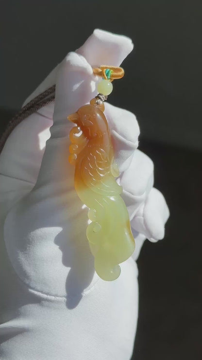Certified Natural Sugar Brown and Yellow Nephrite Jade Hand-Carved Phoenix Pendant, 天然若羌黄口带糖手工雕刻凤凰吊坠
