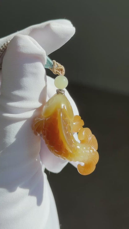 Certified Natural High Quality Sugar Brown and White Nephrite Jade Hand-Carved Koi Fish Pendant, 天然且末糖白和田玉苏工手工雕刻锦鲤吊坠