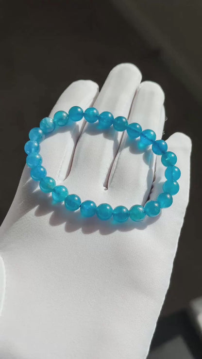 7.5mm, Certified Natural High Clarity Rich Deep Blue Apatite Bracelet, Natural Untreated Shimmering Blue Apatite Bracelet, AAA, 天然浓郁色蓝磷灰石手串