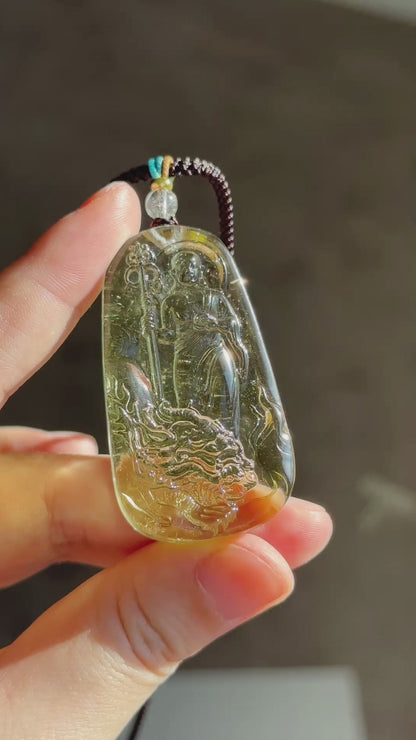 30.435 grams, Natural Top Grade High Clarity Authentic Libyan Desert Glass Tektite Carved Ksitigarbha Bodhisattva Pendant, 天然透体利比亚陨石雕刻地藏王菩萨吊坠