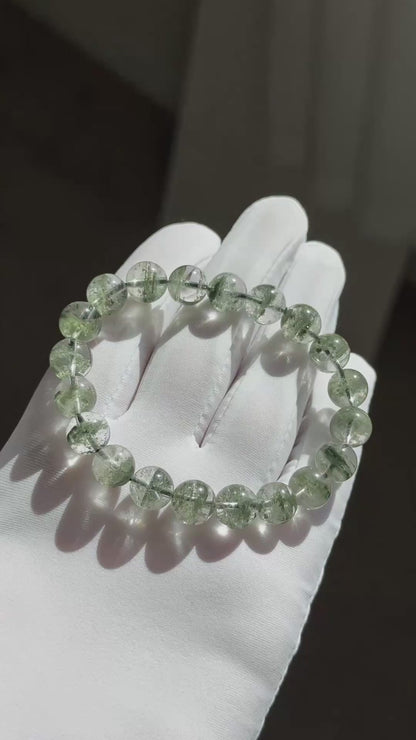 9.5mm, Certified High Grade Natural Undyed Green Phantom Quartz Bracelet, High Clarity Green Phantom Bracelet, 鬼佬财神天然绿幽灵手串
