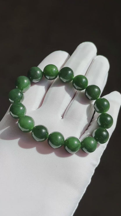 12mm, Certified Natural Rich Spinach Green Nephrite Jade Bead Bracelet, 天然俄老油菠菜绿碧玉手串