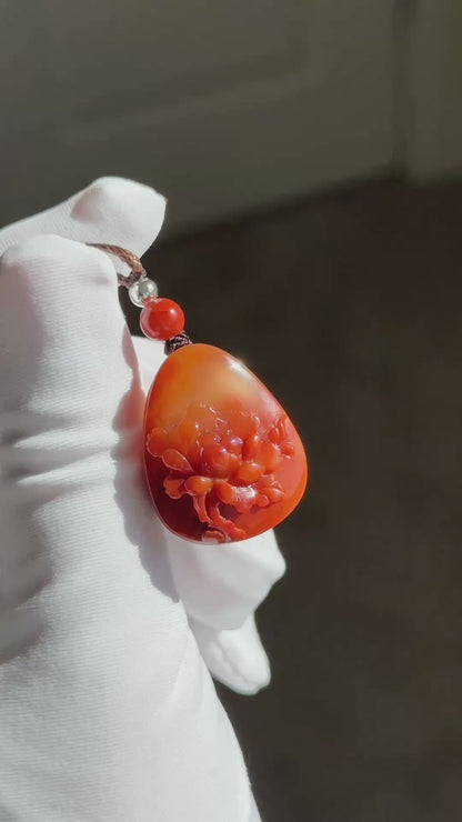 Certified Natural High Grade Flame Red Nanhong Agate Hand Carved Peony flower Pendant, 天然无优化川料火焰红南红手雕牡丹吊坠