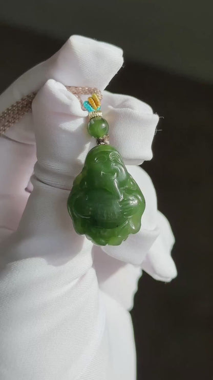 Certified Natural Russia Spinach Green Nephrite Carved God of Wealth Pendant, 天然俄料菠菜绿碧玉财神吊坠