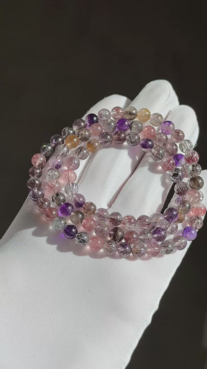 6.5mm+, Certified Natural High Grade Super Seven three wraps Bracelet, Super 7 Quartz Beads Bracelet, 天然超七水晶三圈手串