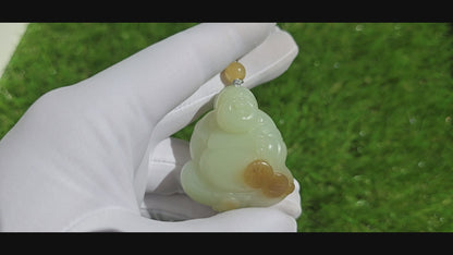 Certified Natural High-Quality Ruoqiang Yellow and Sugar Nephrite Jade Hand-Carved Maitreya Buddha Pendant, 天然若羌黄口带糖和田玉手工雕刻弥勒佛
