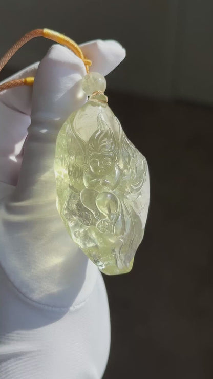 42.736Grams, Natural Authentic Libyan Desert Glass Tektite Hand Carved Butterfly Fairy Pendant, Genuine Libyan Desert glass Pendant, 天然利比亚黄金陨石手雕蝴蝶仙子吊坠