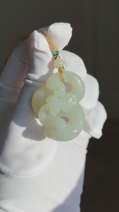 Certified Natural Qiemo White Nephrite Jade Hand-Carved Snake Pendant, 天然且末白和田玉手工雕刻蛇吊坠