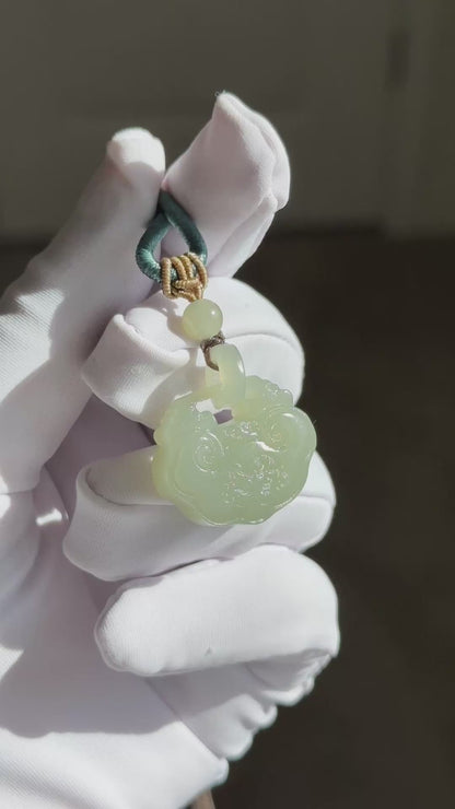 Certified Natural Qiemo Warm White Nephrite Jade Carved Peace Lock Pendant, Ping An Lock Jade, 天然且末暖白和田玉平安锁吊坠