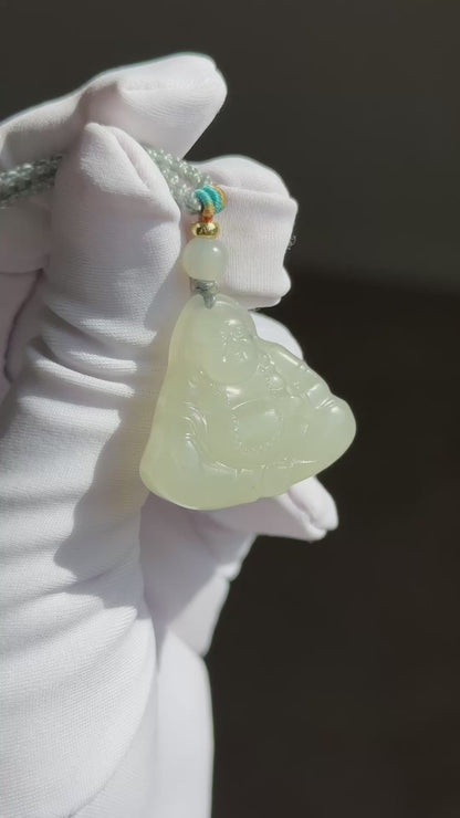 Certified Natural White Nephrite Jade Carved Maitreya Buddha Pendant, 天然青海和田白玉雕刻弥勒佛吊坠