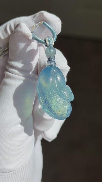 Certified Natural Blue Aquamarine Hand Carved Cabbage (Bok choy) Pendant, Aquamarine  Pendant, 天然海蓝宝手工雕刻白菜吊坠