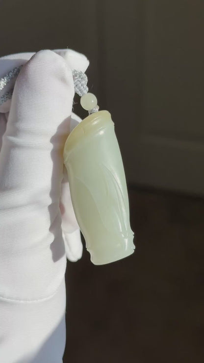 Certified Natural Qiemo Warm White Nephrite Jade Hand-Carved Bamboo Shoot Pendant, 天然且末白和田玉手工雕刻竹节吊坠