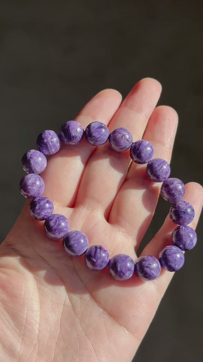 11mm+, Certified Natural Highest Grade Purple Charoite Bracelet, Charoite with Nice swirls patterns, Charoite Bracelet, 天然最高品顶级紫龙晶手串