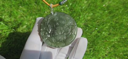 Certified Natural Lake Green Nephrite Jade Hand Carved Magpie and Peony Pendant, 天然湖水绿和田玉手工雕双面工牡丹喜鹊圆牌吊坠
