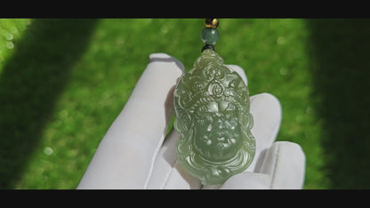 Certified Natural Lake-Green Nephrite Jade Carved Yellow Jambhala Pendant, 天然青海老料湖水绿雕刻黄财神头吊坠
