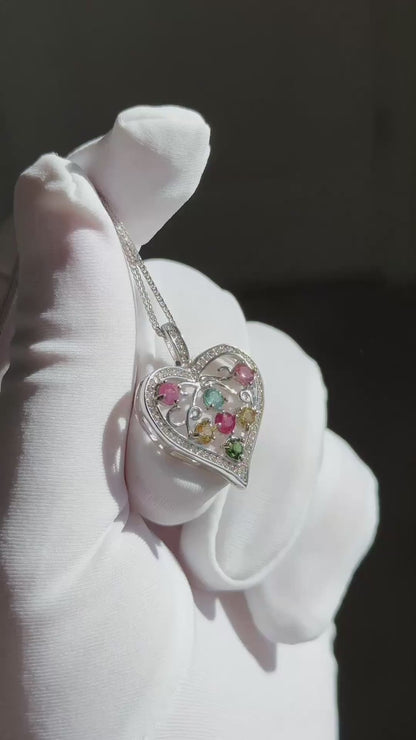 Natural Tourmaline S925 Sterling Silver Pendant, Tourmaline Pendant, Silver tourmaline pendant, Heart Shape Tourmaline Pendant, 天然碧玺纯银项链