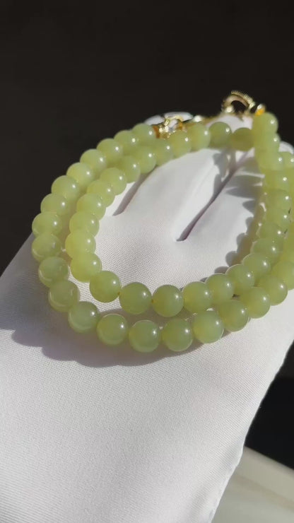 8mm, Certified Natural High Quality Greenish-Yellow Nephrite Jade Bead Necklace, 天然高品质青黄口和田玉项链