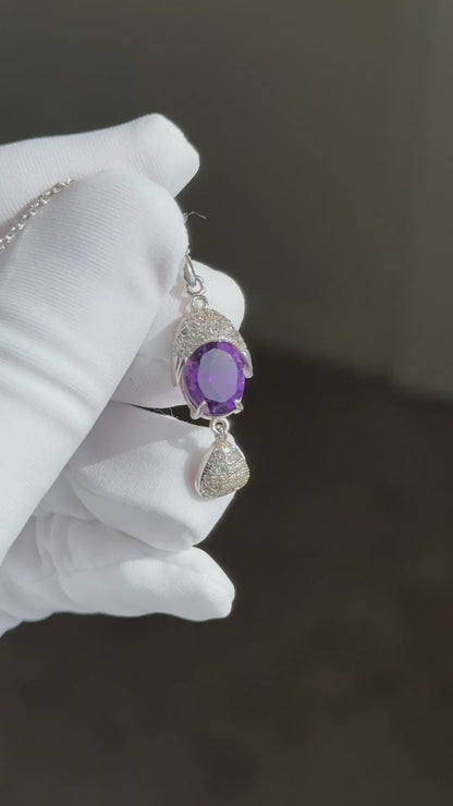 Natural Amethyst Pendant, Unheated Brazil Amethyst S925 Sterling Silver Pendant Necklace, 巴西天然紫晶纯银吊坠