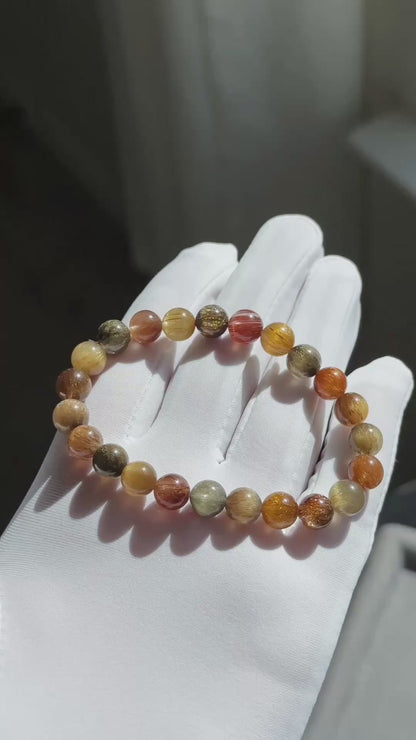 8mm, Certified Natural Collection's Grade Natural Cat Eye Multicolor Rutilated Quartz bracelet, Rutilated Beads bracelet, 收藏级天然满顺猫眼彩发晶手串